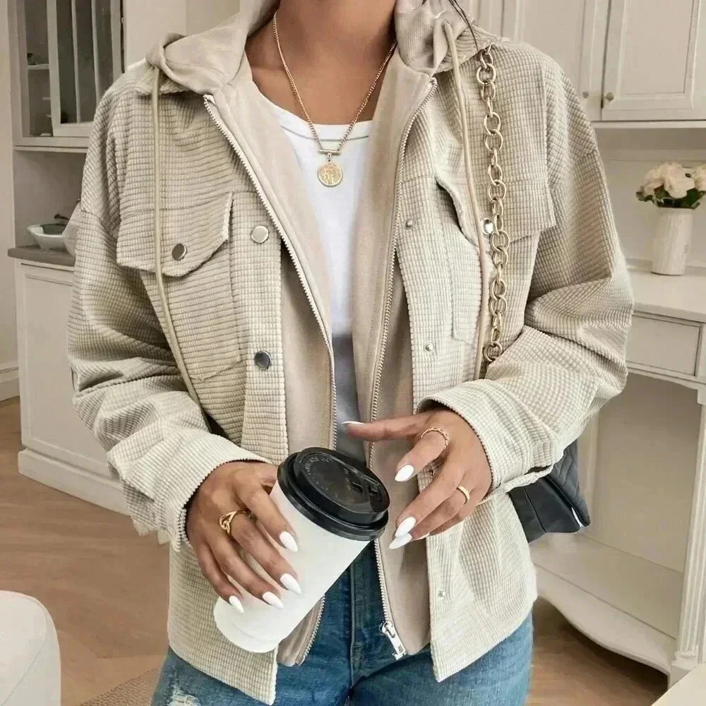 Apricot Casual Women's Flap Pocket Drop Shoulder Drawstring Hooded Jacket